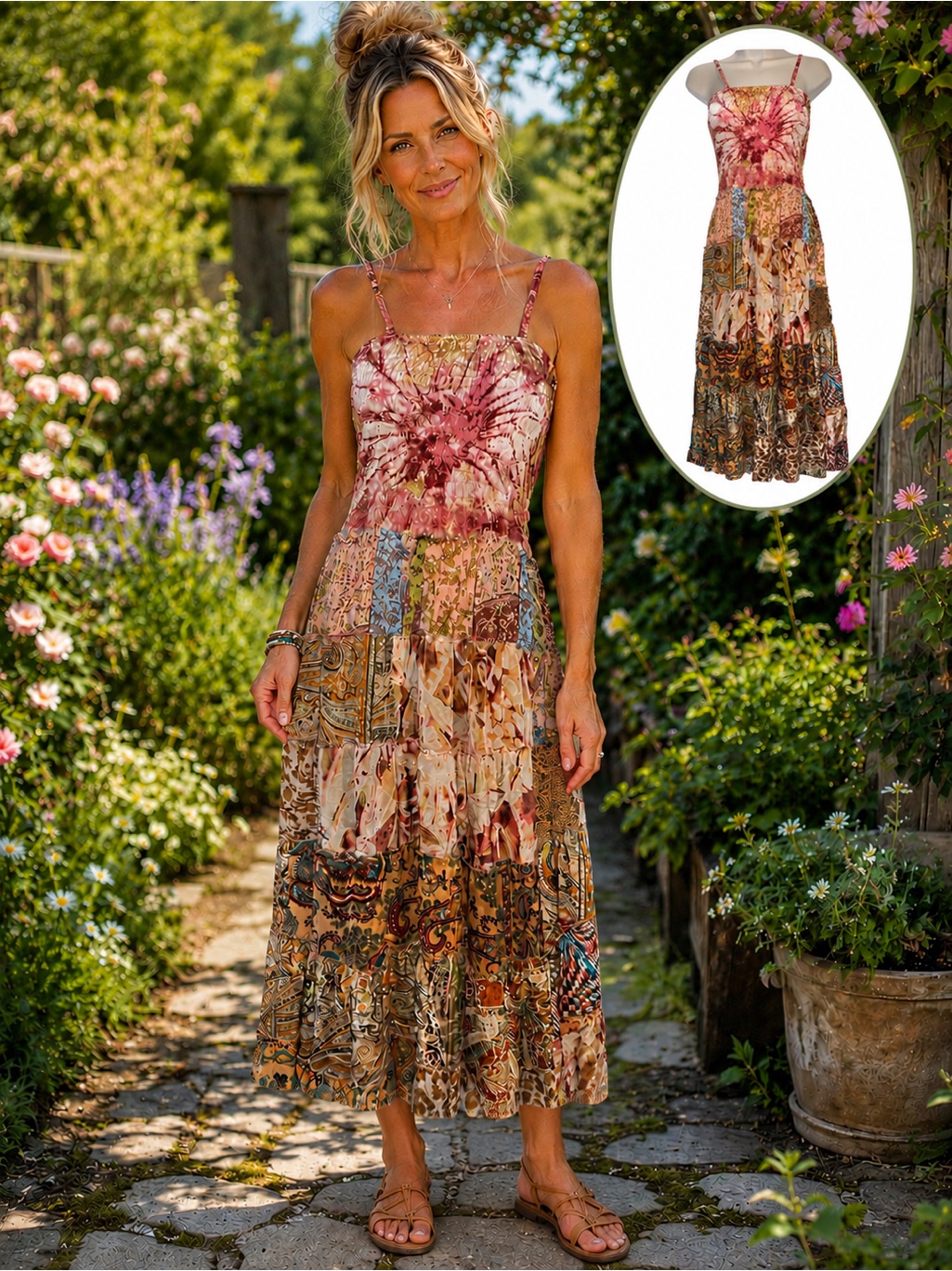 Pol Os Boho Patchwork Tiered Midi Dress Pink & Brown Tie-Dye Bodice